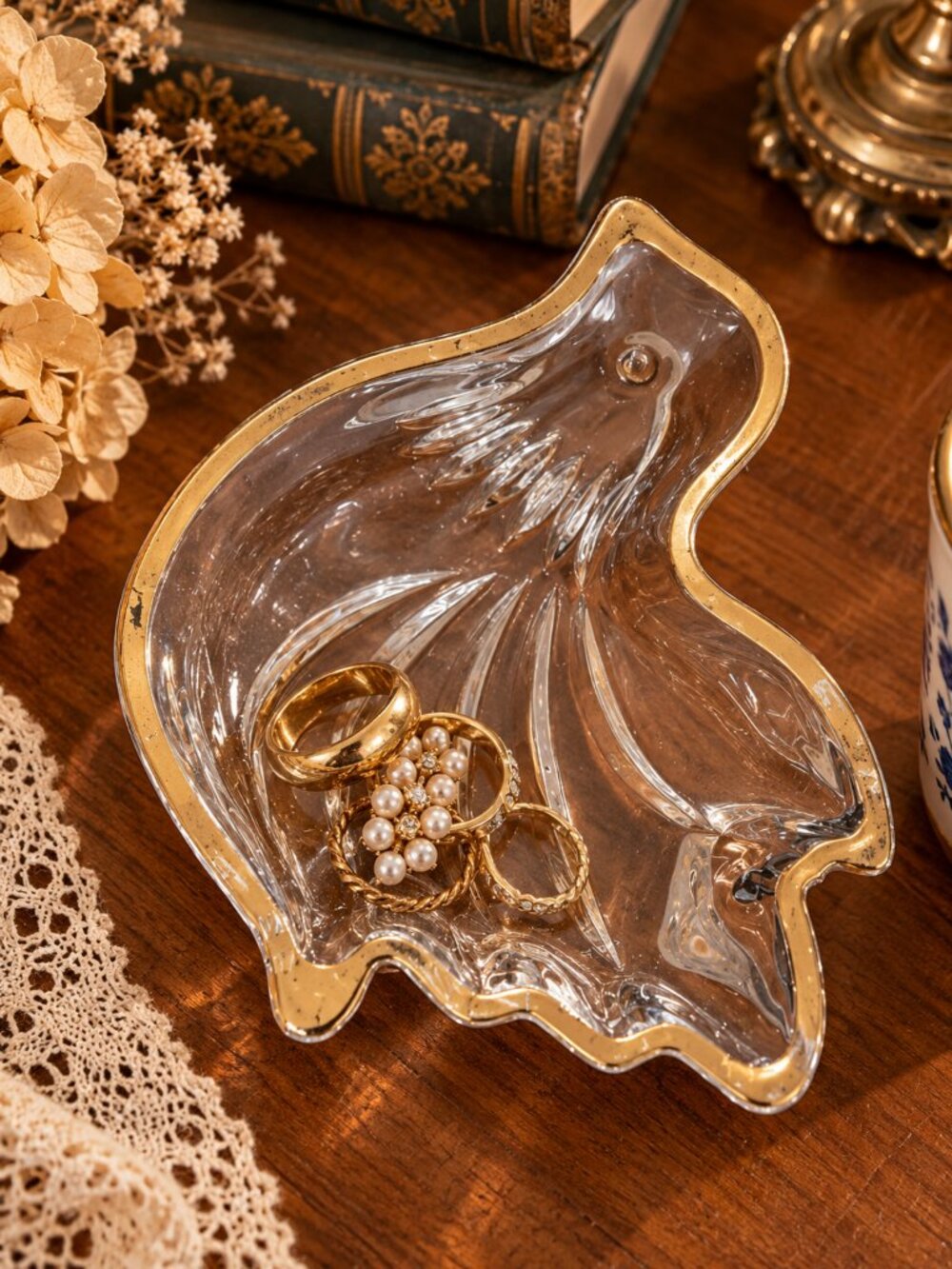 Vintage Mikasa Golden Dove Crystal Trinket Dish